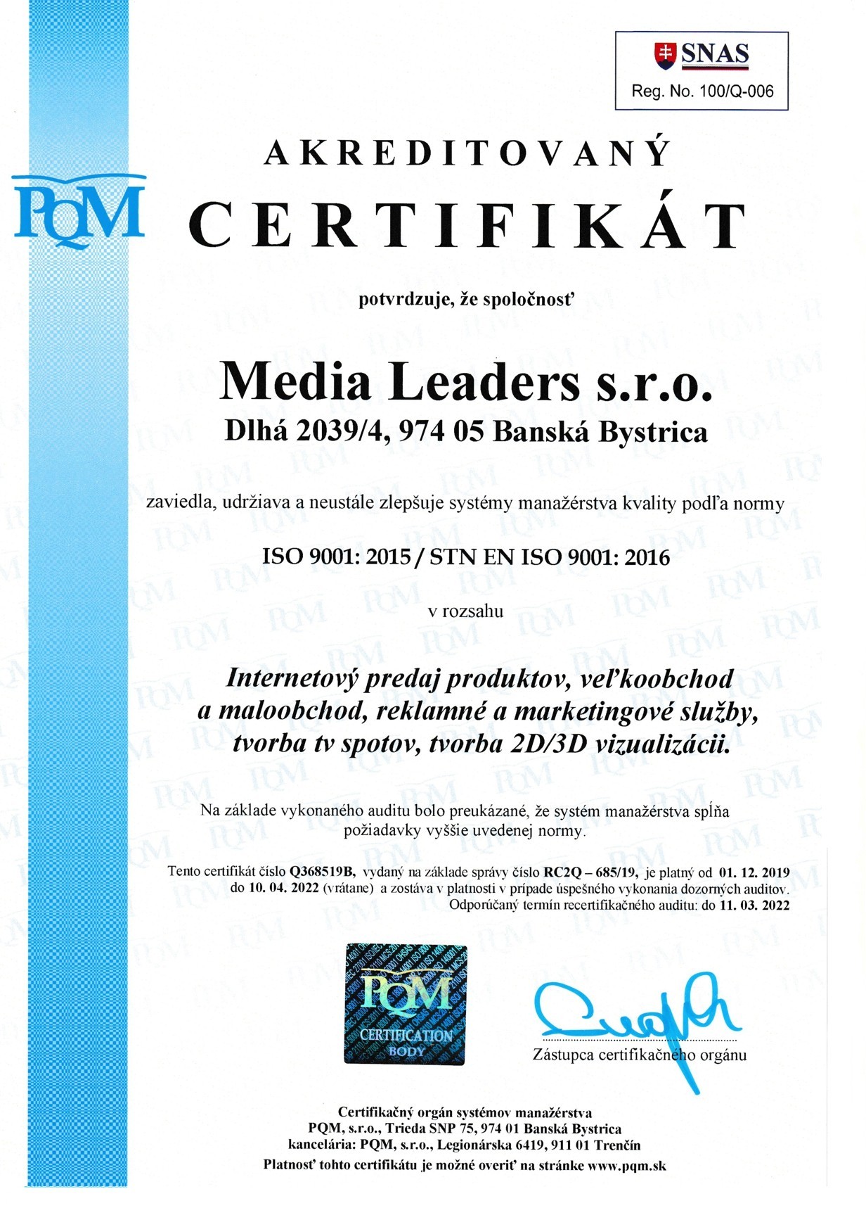 ISO 9001 vottorð Media Leaders sro